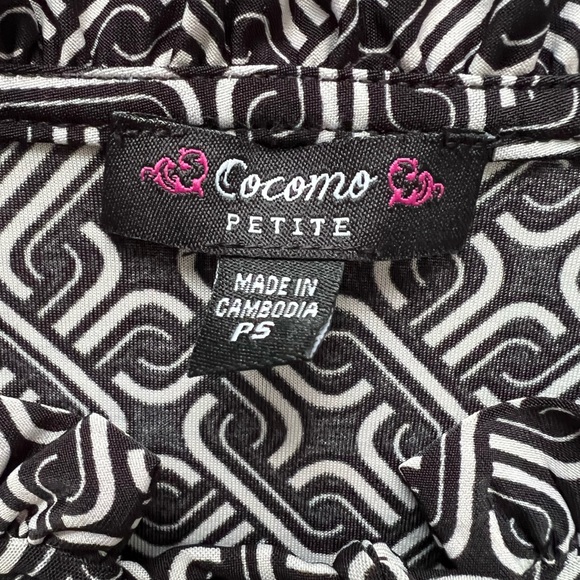Cocomo Petite blouse, size S neutral geometric, ties ruffle stand up collar EUC - Picture 10 of 14